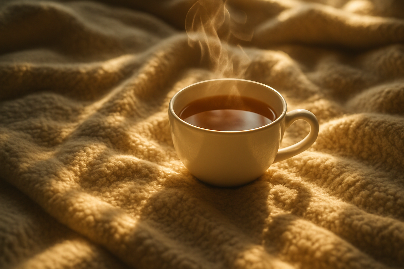 cup of tea on a soft blanket with sunlight peeking through